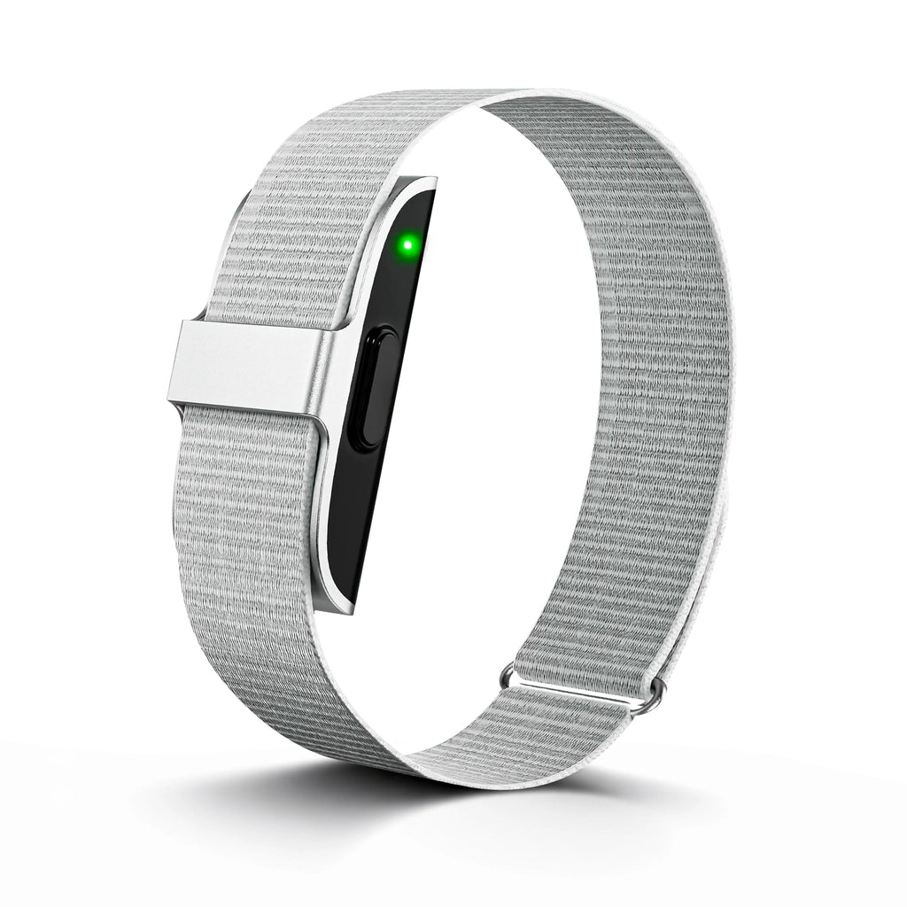 Silver smart band on a white background