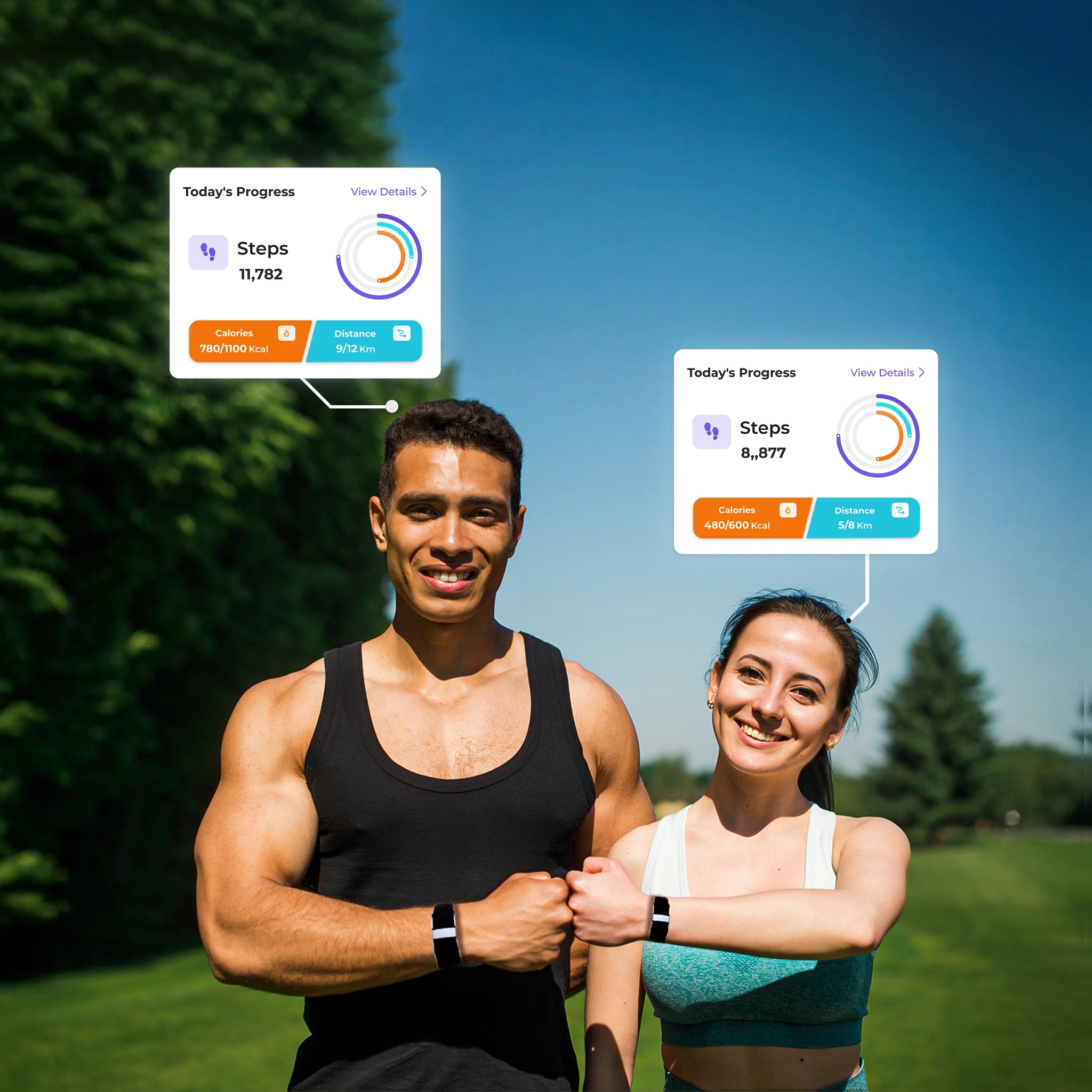 Two people outdoors with fitness app progress displayed above them